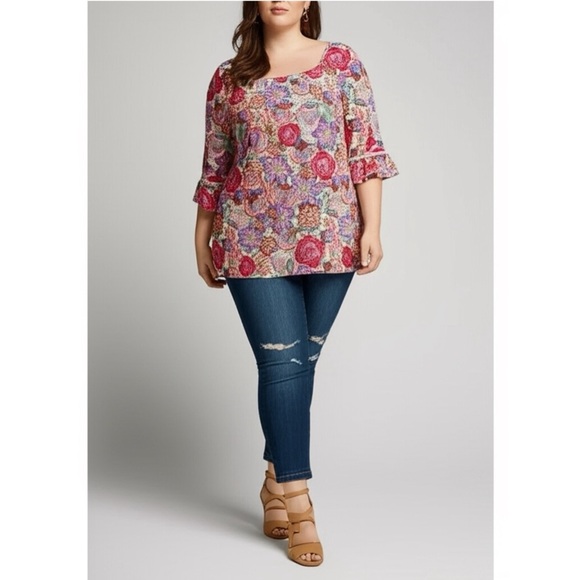 New Robert Louis Boho Blouse Womens Plus Sz 2X Multi Floral Bell Sleeve Top - Picture 10 of 10